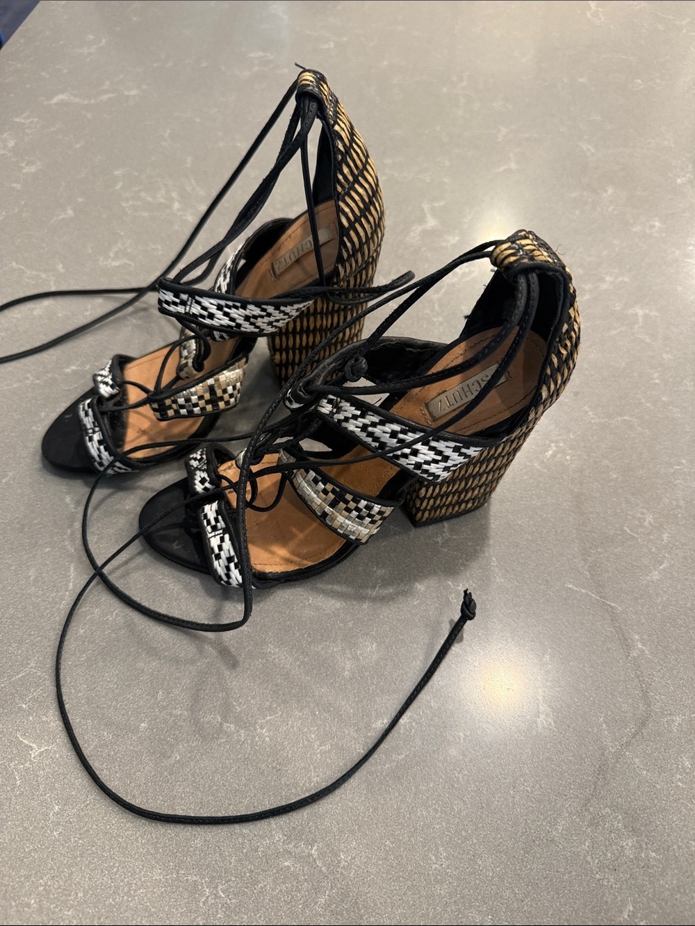 Woven Lace-Up Block Heel Sandals - Black & tan size 37